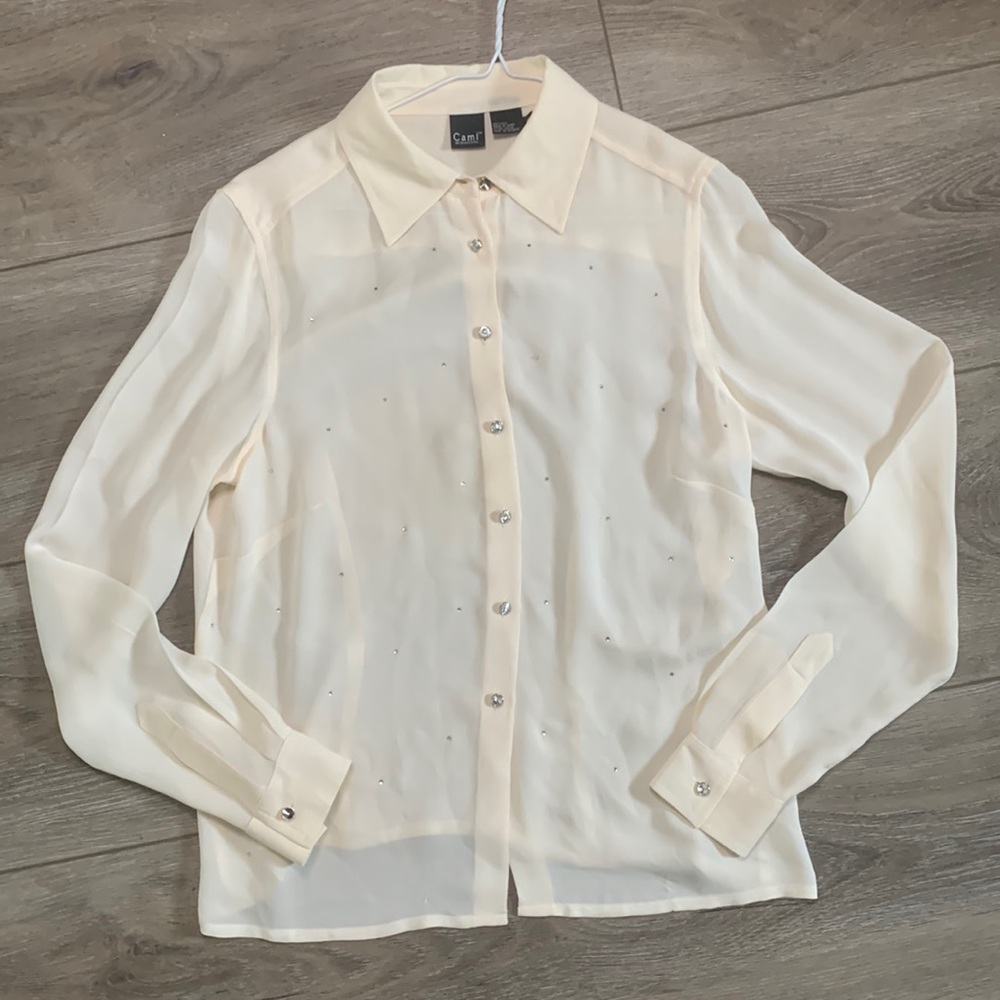 Y2K vintage 100% silk ivory bejeweled button down blouse size 10